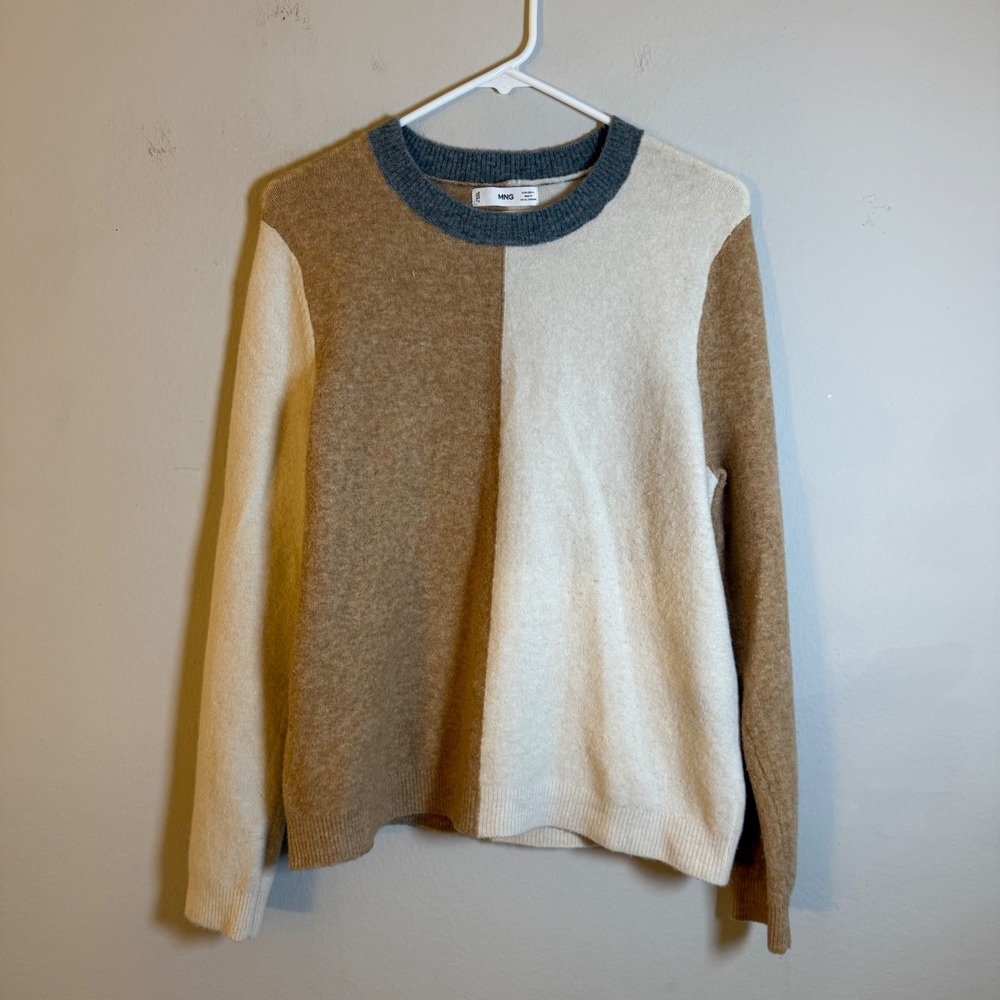 Mango MNG Women Tan Cream Colorblock Wool Blend Crewneck Sweater Size L